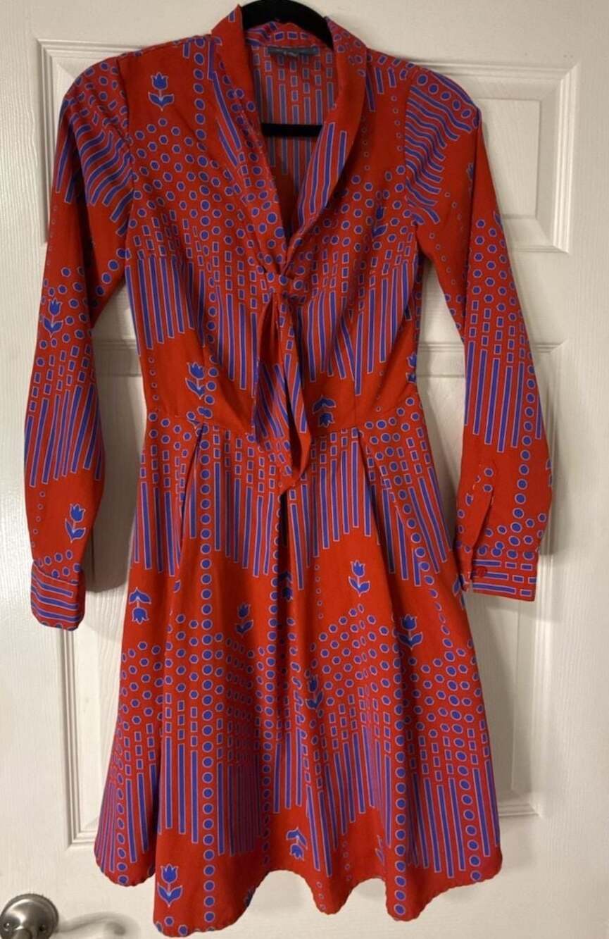 ModCloth Red and Blue Geometric Print Long Sleeve Tie-Neck Dress Size 0